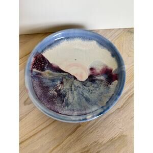 VINTAGE Blue Purple Footed Plate Ceramic Art Pottery Hand Painted Decoration